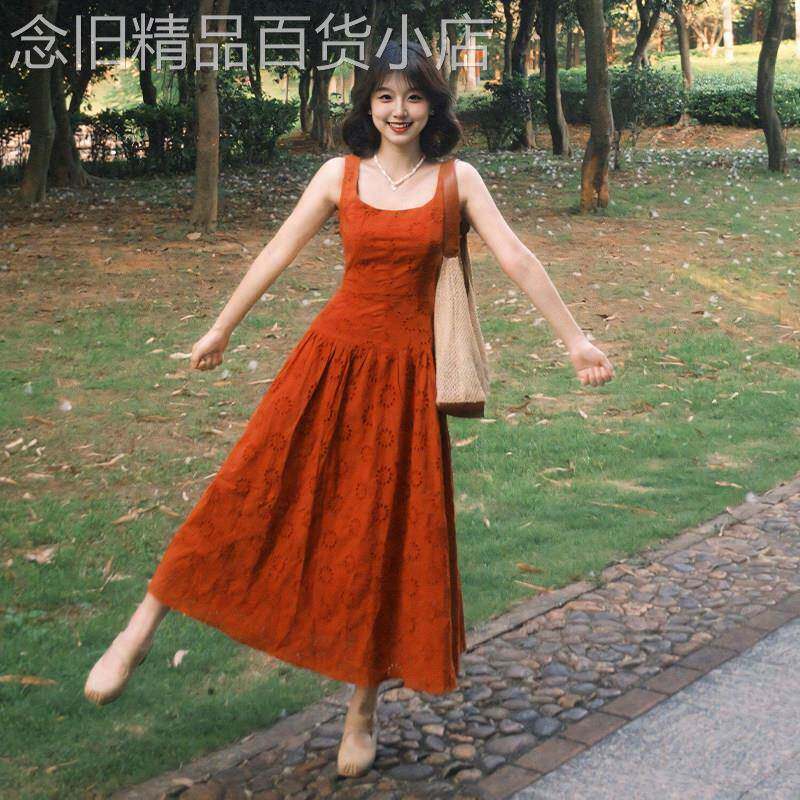 法式气质小香风红色背心连衣裙女夏2026新款小个子收腰无袖长裙子
