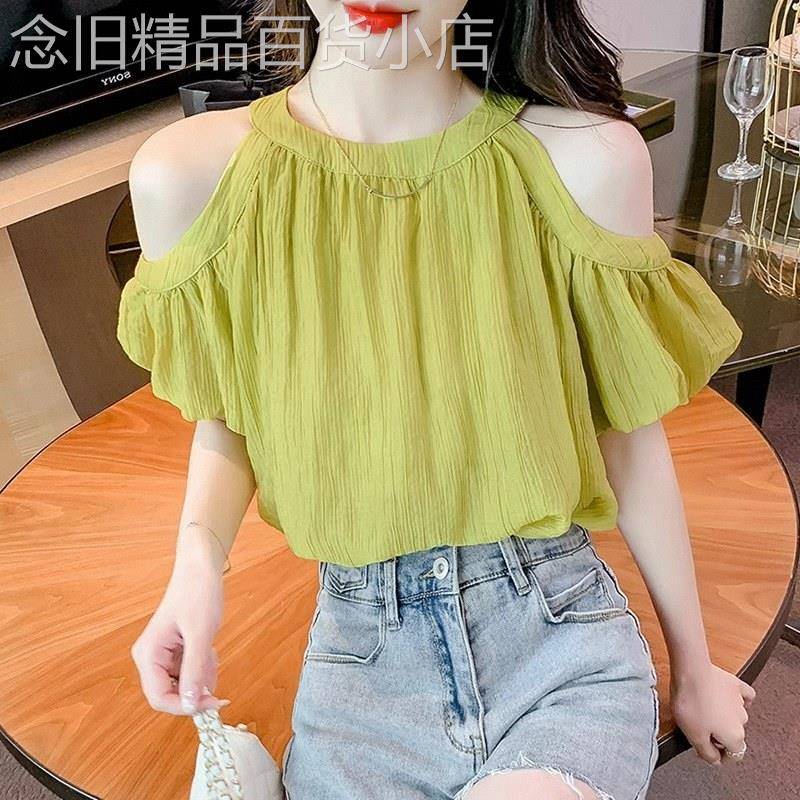 雪纺衫女短袖夏季欧货爆款漂亮小衫时尚洋气时髦设计感露肩上衣女