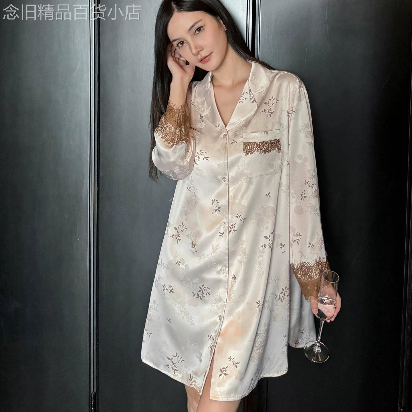 男友家宽松衬衫睡衣女性感真丝高级感2026年夏季新款蕾丝印花睡裙