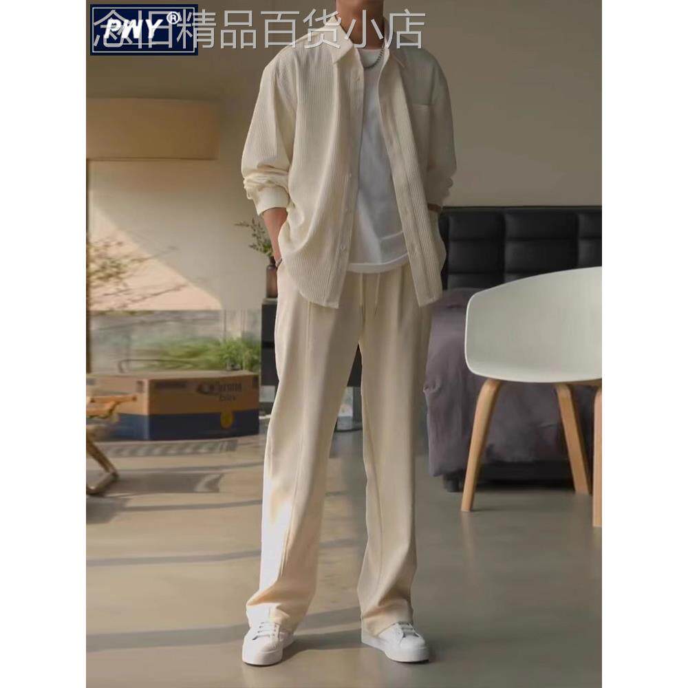 潮牌休闲套装男士春秋季2025新款轻熟风穿搭华夫格衬衫外套两件套
