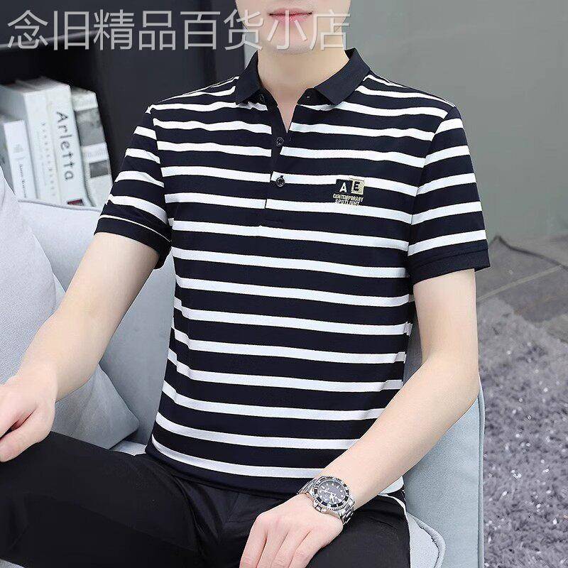 MK短袖t恤男夏季薄款纯棉翻领半袖上衣黑白条纹高端男士polo衫