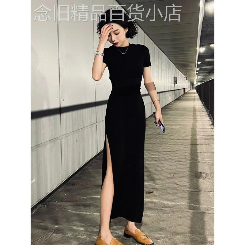 欧洲站夏季新款赫本可达奢华小黑裙，时尚别致的女神风格开衩修身