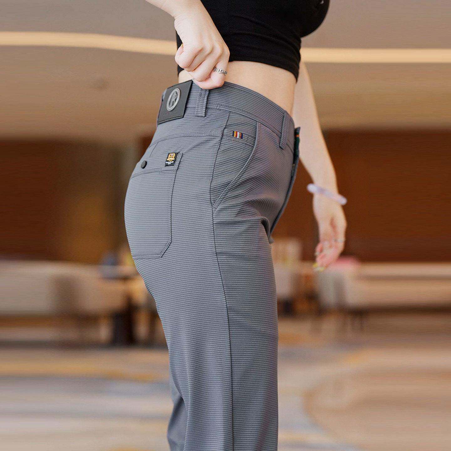 潮牌高端男士灰色舒适休闲裤子夏季薄款直筒宽松透气商务条纹西裤