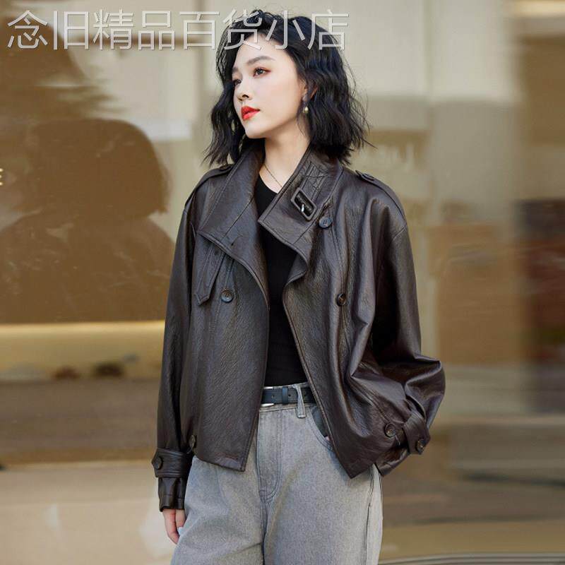 真皮短款皮衣外套女2025秋季新款气质复古绵羊皮小个子立领皮夹克