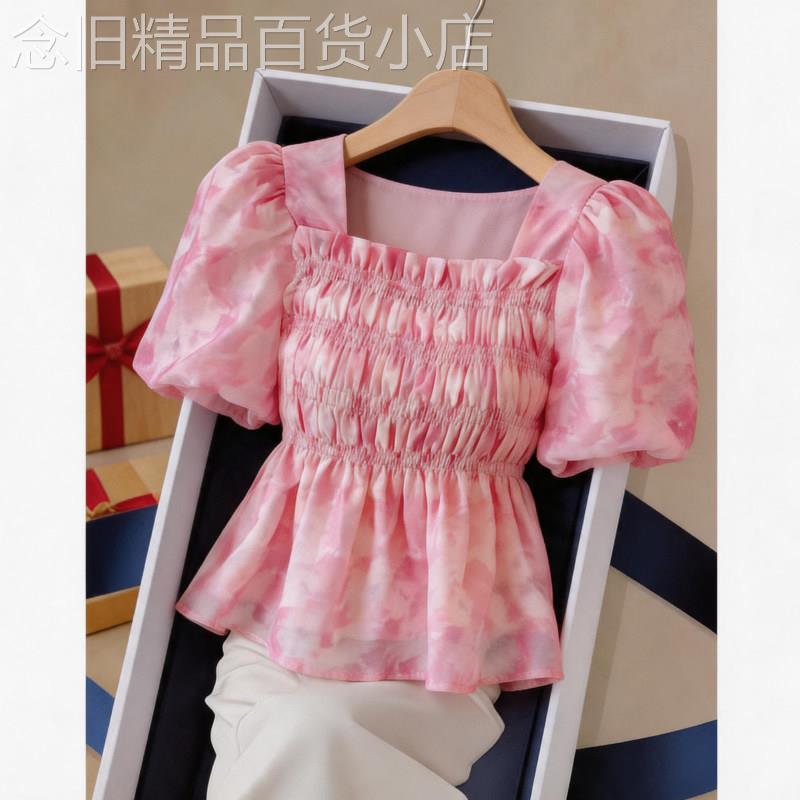 甜美风方领泡泡袖碎花雪纺衬衫女2026夏季新款欧货褶皱收腰小衫潮