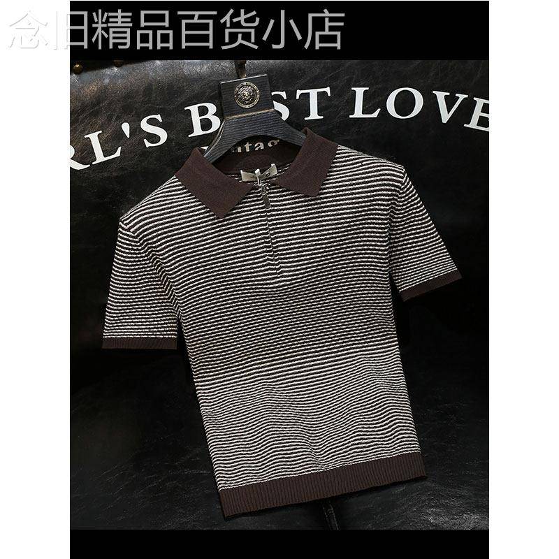 条纹针织短袖Polo衫男夏季复古潮牌修身翻领T恤百搭休闲半袖上衣