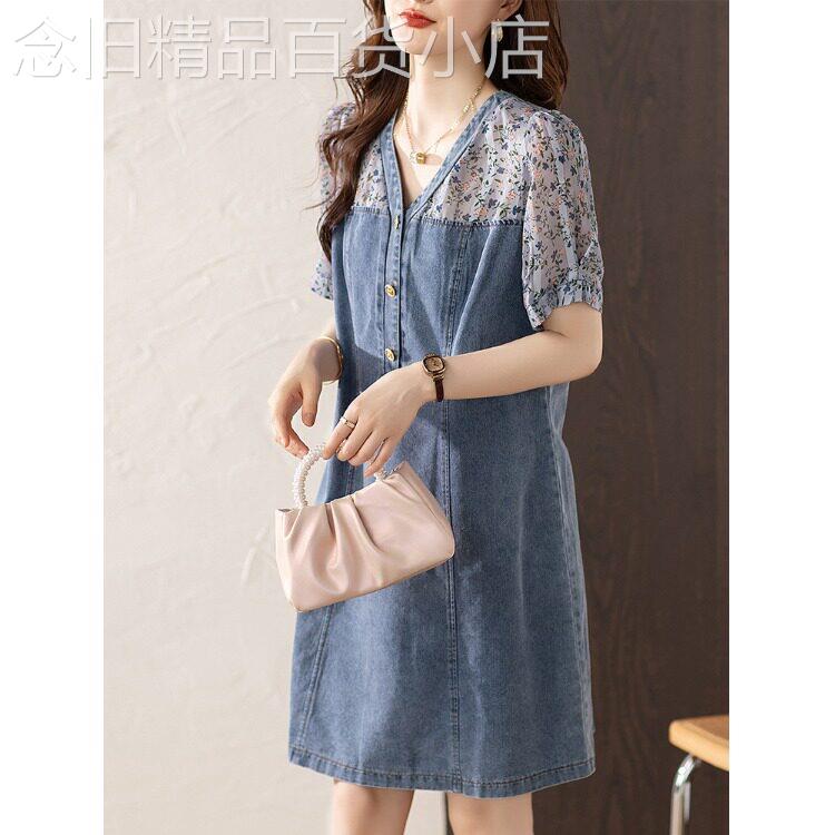 法式时尚拼接碎花连衣裙女夏季新款薄款收腰显瘦气质休闲牛仔裙