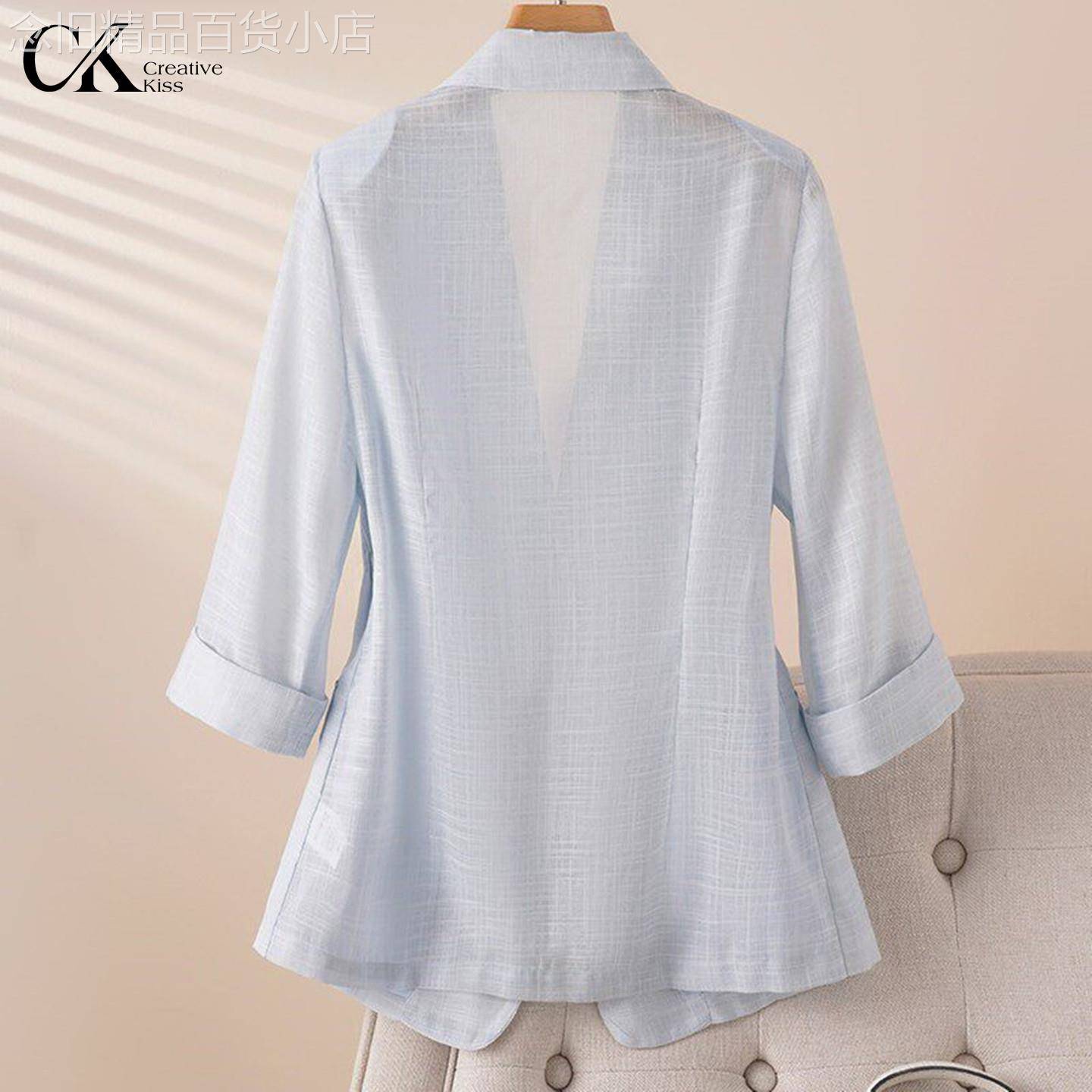 轻奢薄款蓝色西装外套女夏季新款时尚一粒扣七分袖修身亚麻西服