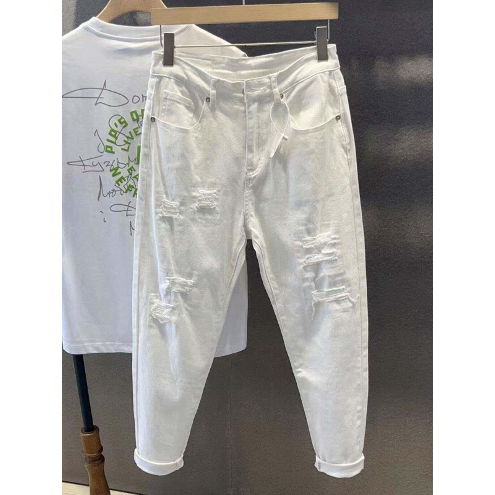 香港潮牌白色破洞牛仔裤男修身春秋百搭小脚哈伦裤黑色乞丐休闲裤