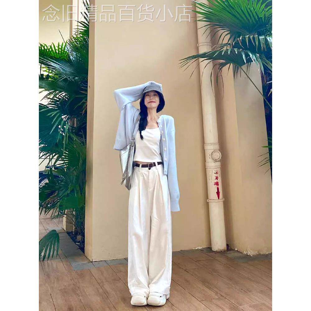 日系软糯感浅蓝色针织开衫毛衣外套女春秋季简约休闲百搭短款上衣