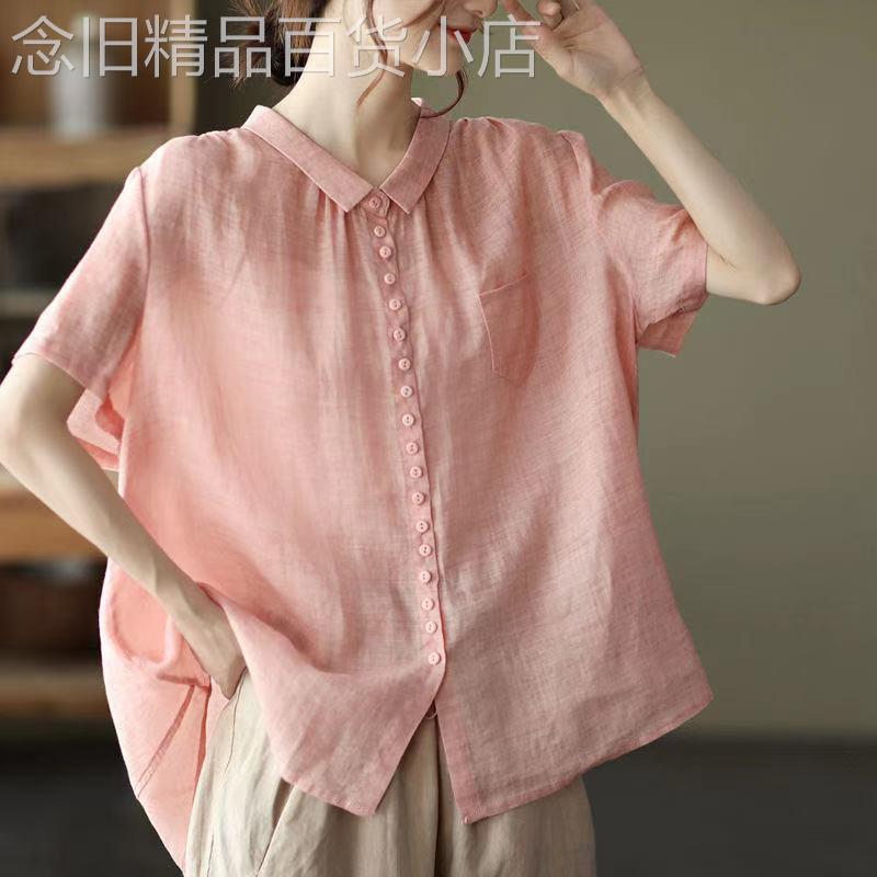 棉麻衬衫女短袖2025夏季新款韩版宽松洋气复古大码薄款胖mm上衣女
