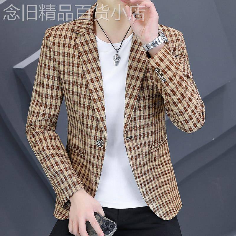高端帅气西装外套男士欧货秋季修身格子英伦西服上衣青年时尚休闲