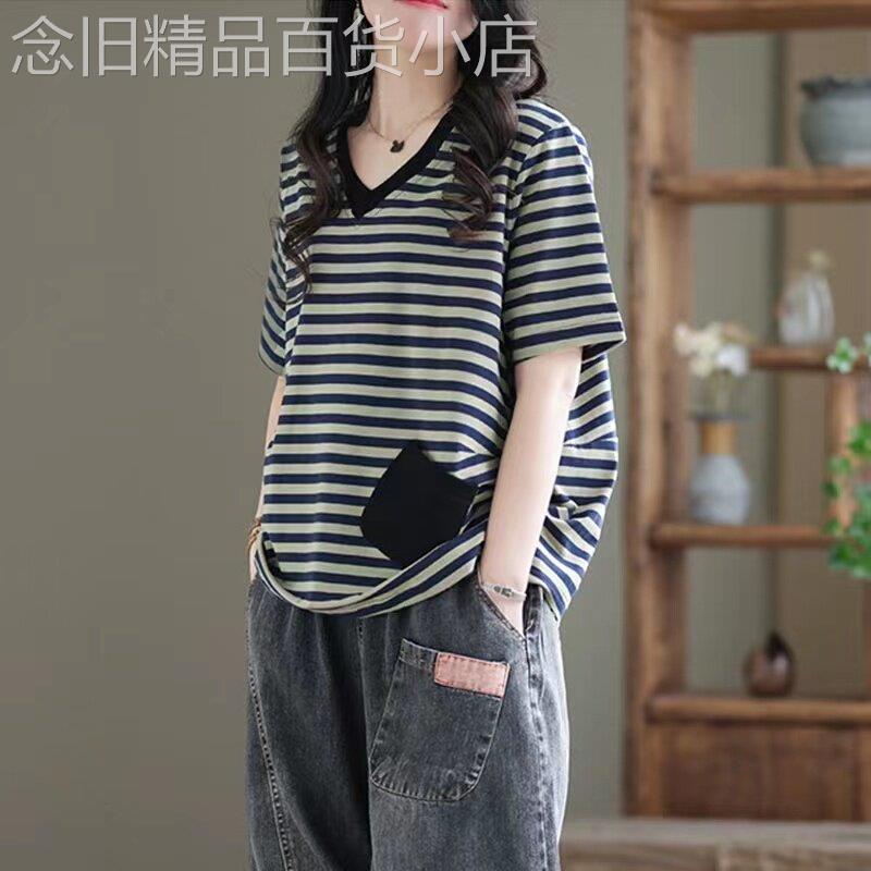 纯棉短袖T恤女夏季薄款2026年新款设计感宽松复古大尺码条纹V领上