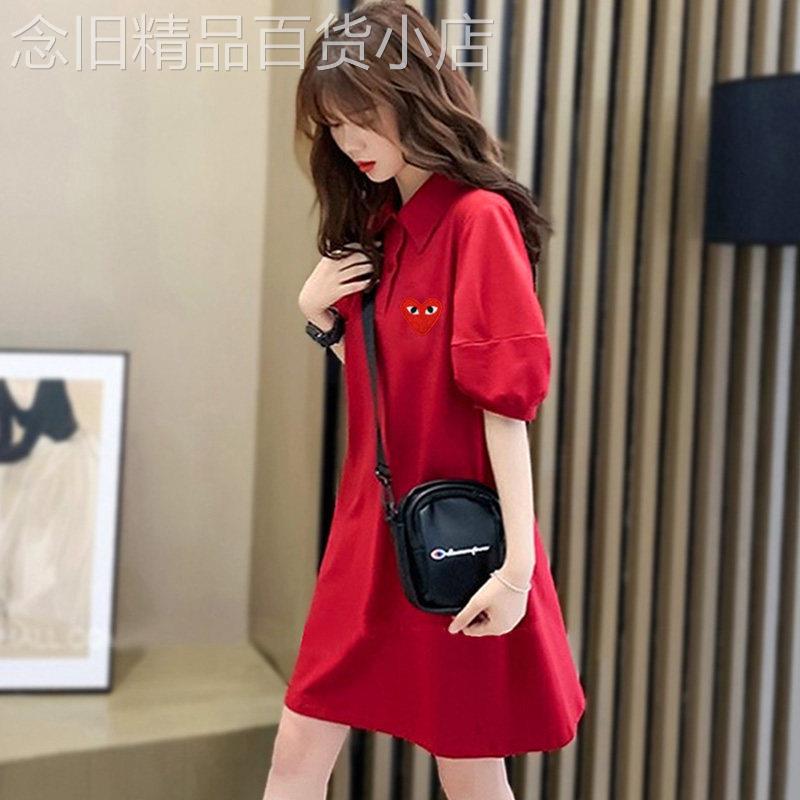红色连衣裙女夏泡泡袖Polo领休闲直筒裙小个子大码微胖运动T恤裙