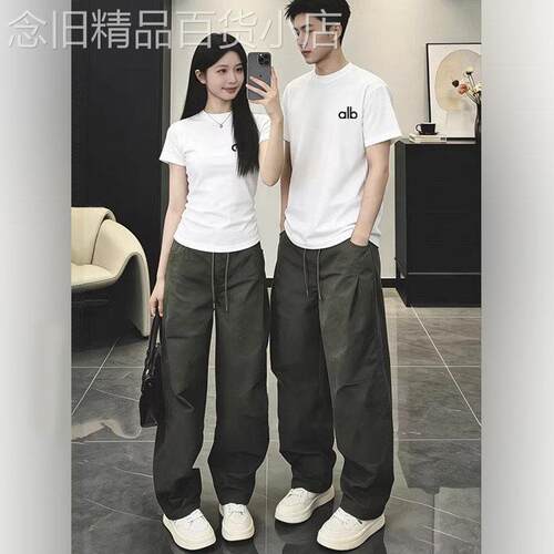 GP极简~美式休闲情侣套装男士夏季潮流一整套短袖T恤工装裤两件套