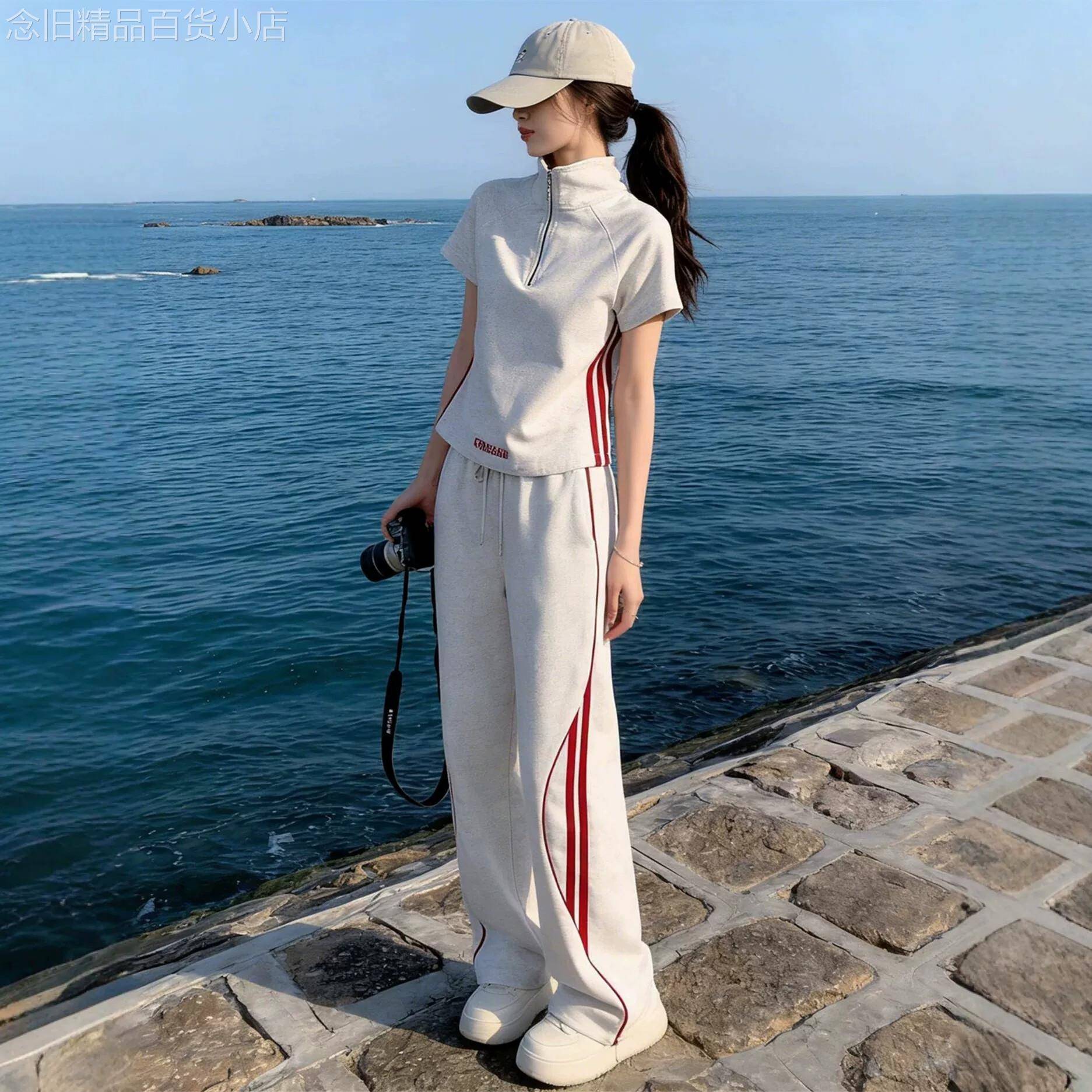 韩版时尚休闲运动套装女夏季宽松显瘦薄款减龄polo短袖长裤两件套