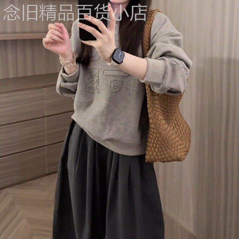 圆领长袖卫衣女春秋季2026新款大码胖MM复古风套头休闲百搭上衣