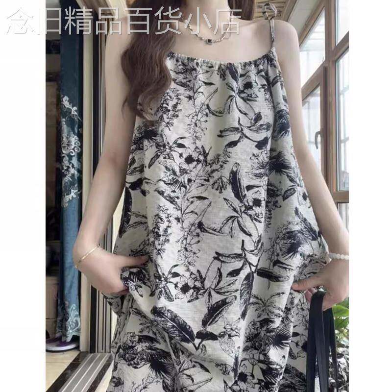 水墨印花吊带裙女夏季复古碎花褶皱肌理感洋装宽松中长版打底裙