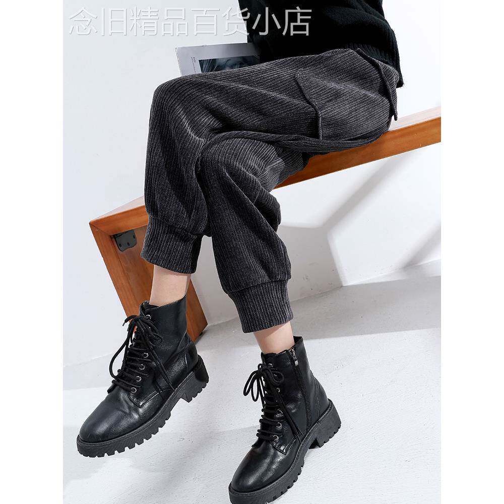 灯芯绒工装裤女秋冬加绒束脚显瘦高腰直筒加厚哈伦萝卜条绒休闲裤