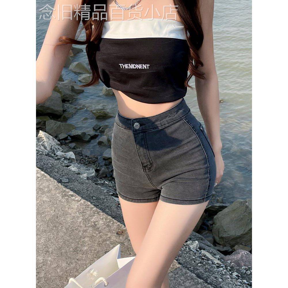 潮牌灰色牛仔短裤女2025年夏季新款甜辣高腰黑色紧身辣妹a字热裤