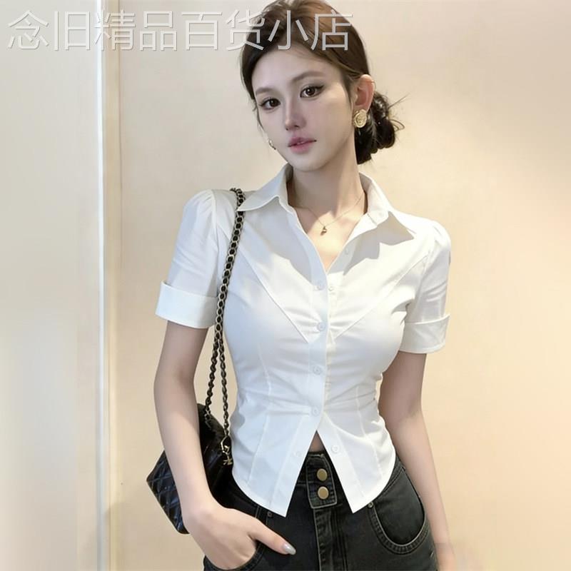 潮牌职业装制服短袖衬衫女夏季纯欲风洋气收腰衬衣商务工作服上衣