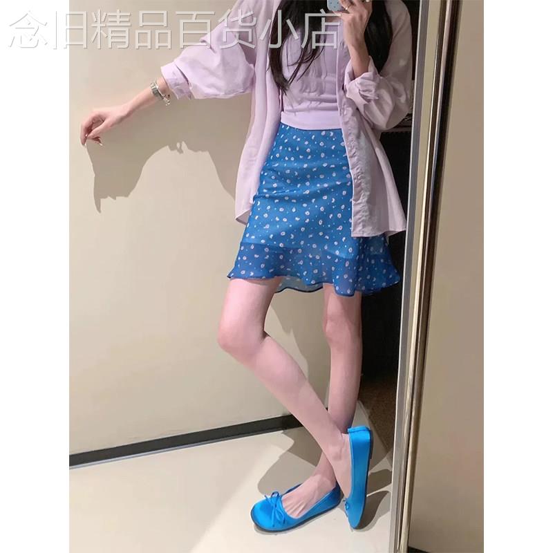 蓝色韩系高腰碎花半身裙女夏季欧货甜美少女风百搭俏皮可爱短裙子