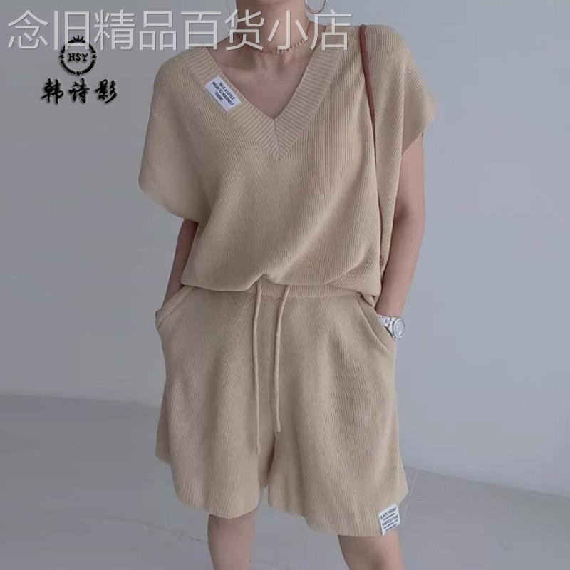韩版chic透气针织套装女字母贴布短袖上衣高腰阔腿裤设计感两件套