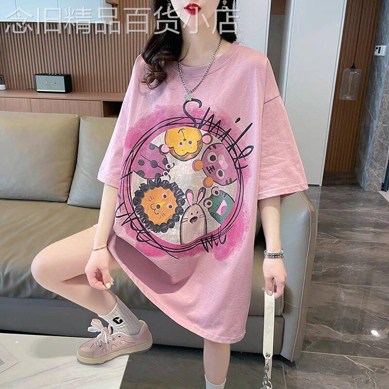 短袖t恤女夏大尺码宽松慵懒风胖mm遮肚显瘦时尚洋派印花中长版上