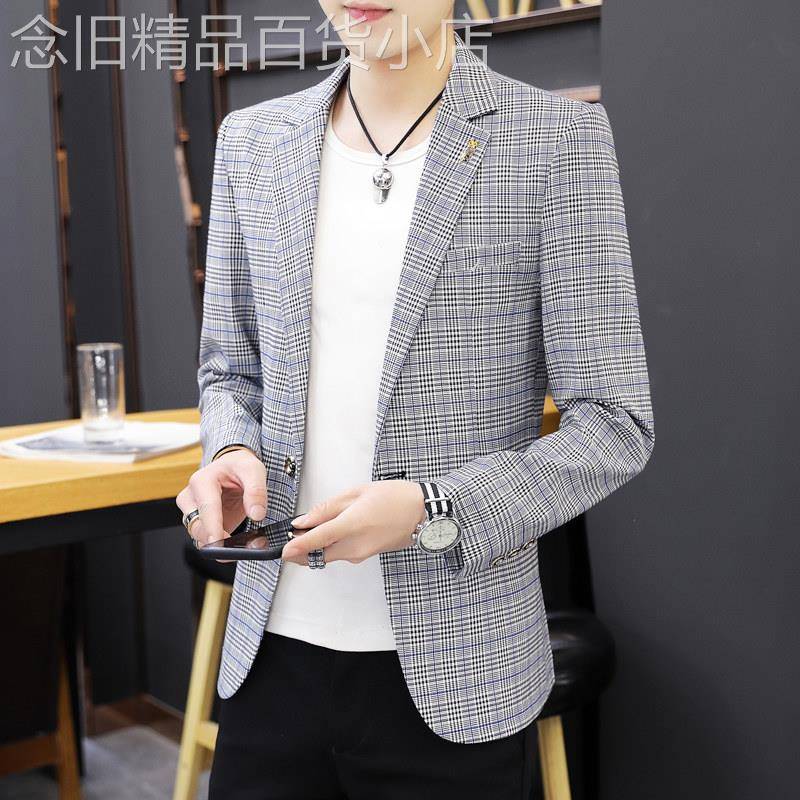 男士格子单西西服外套春季新款韩版修身商务青年休闲千鸟格小西装
