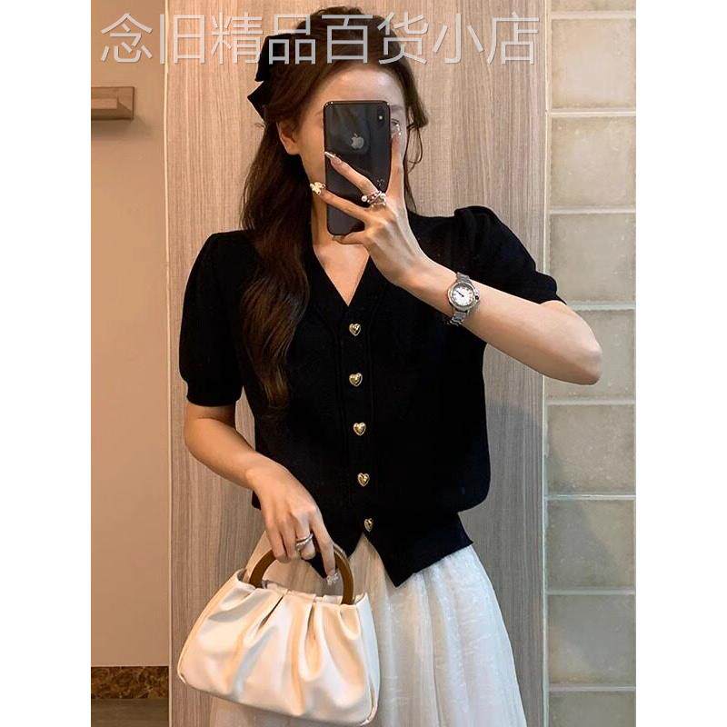 夏季黑色冰丝针织短袖开衫女泡泡袖T恤小香风V领气质薄款修身上衣