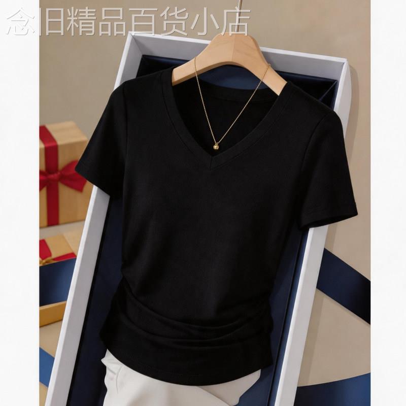 黑色莫代尔V领短袖T恤女夏季新款欧货收腰遮肚子显瘦冰丝薄款上衣