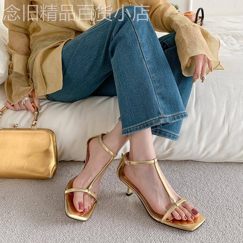 财阀大小姐~轻奢东大门极简一字带凉鞋女细跟性感法式方头高跟鞋