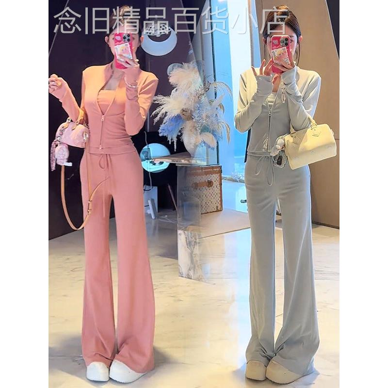 香港代购休闲运动套装女春季新款修身显瘦立领开衫微喇裤两件套潮