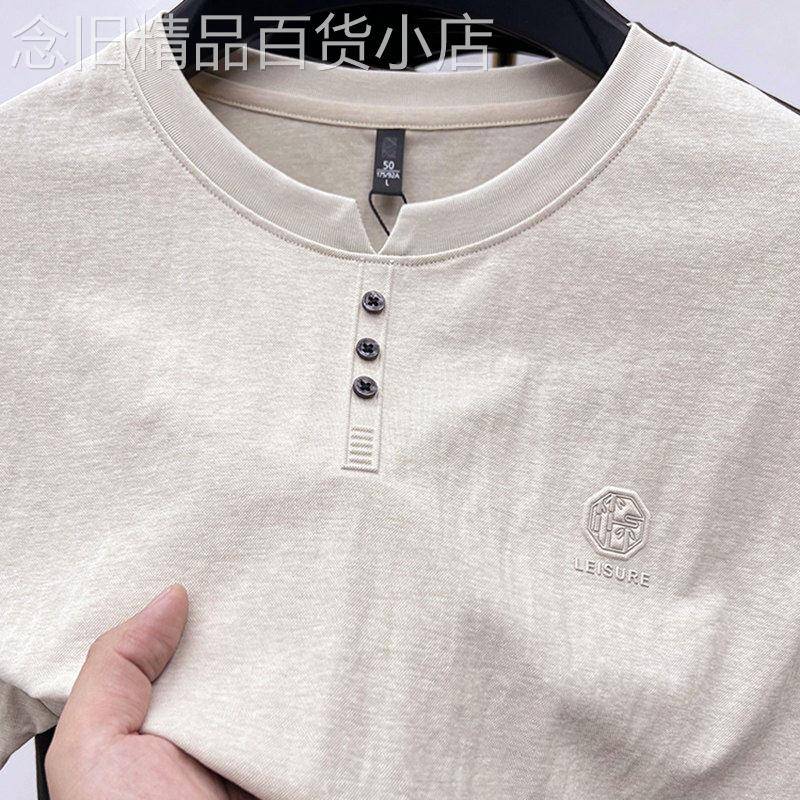 亚麻男夏季透气薄款时尚小开叉圆领短袖汗衫中年半袖免熨烫上衣