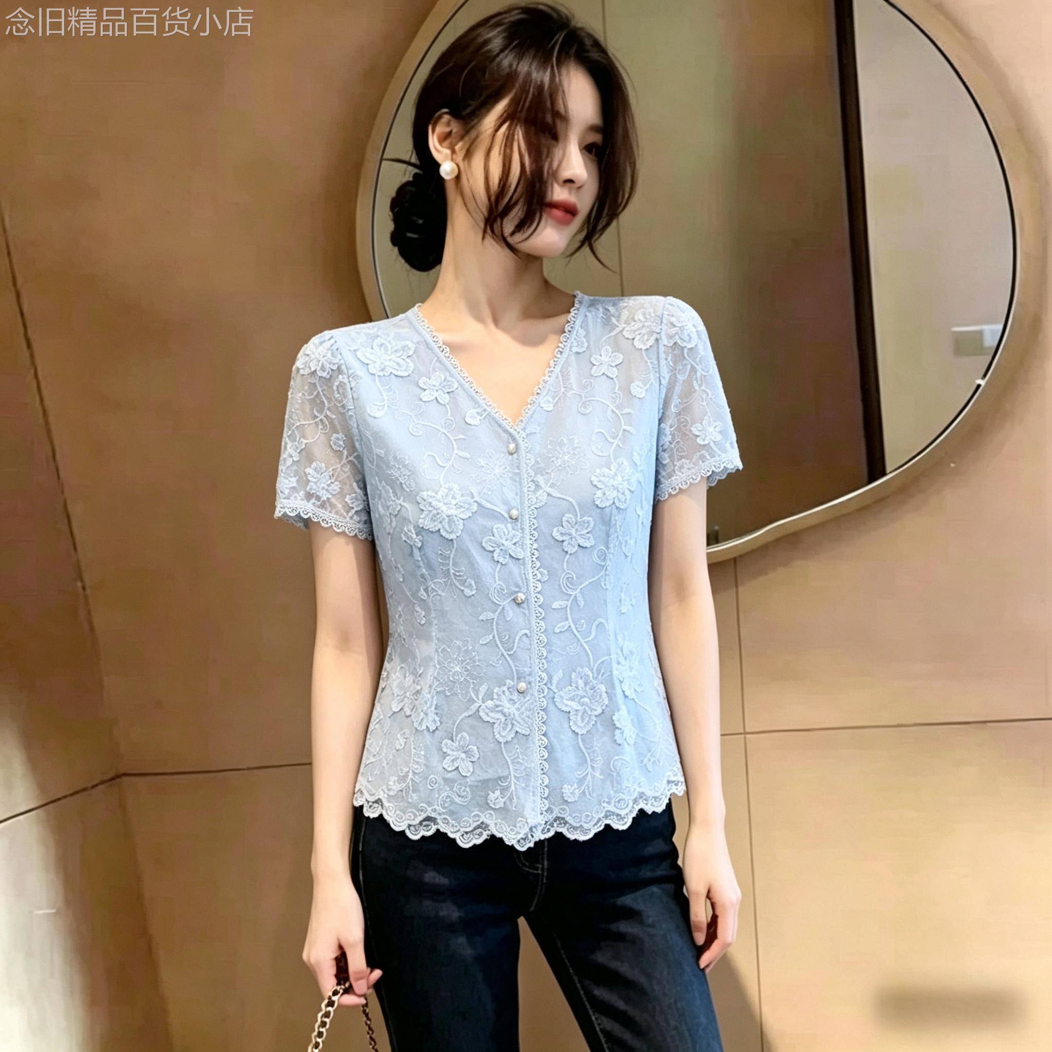 法式木耳边女士蕾丝刺绣衬衫夏季2026新款小个子薄款小衫显瘦上衣