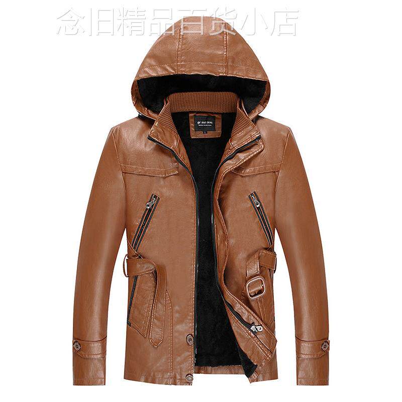 潮牌大码连帽真皮皮衣男秋冬季中长款痞帅机车服加绒大衣夹克外套