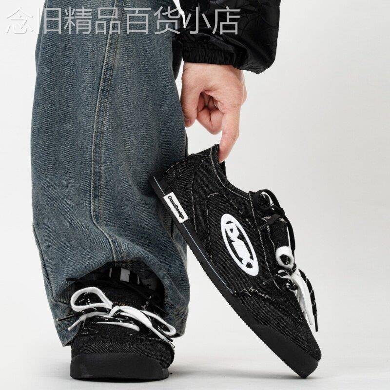 【高品质】黑色牛仔帆布德训鞋男女小众复古阿甘鞋平底休闲板鞋男