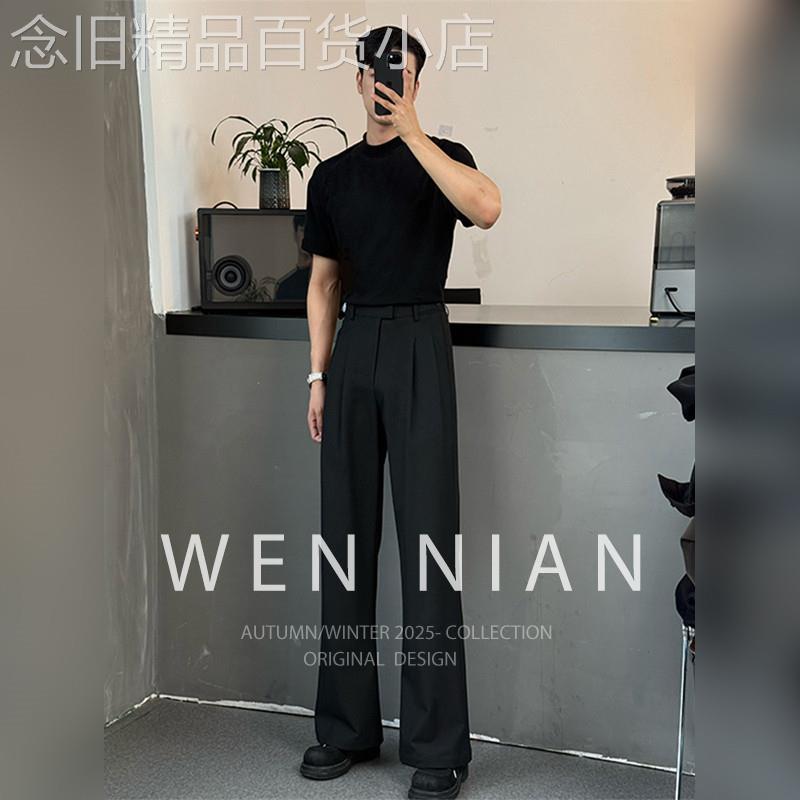 韩国WEN NIAN黑色高腰弯刀西裤男2026春季垂感微喇显瘦直筒西装裤
