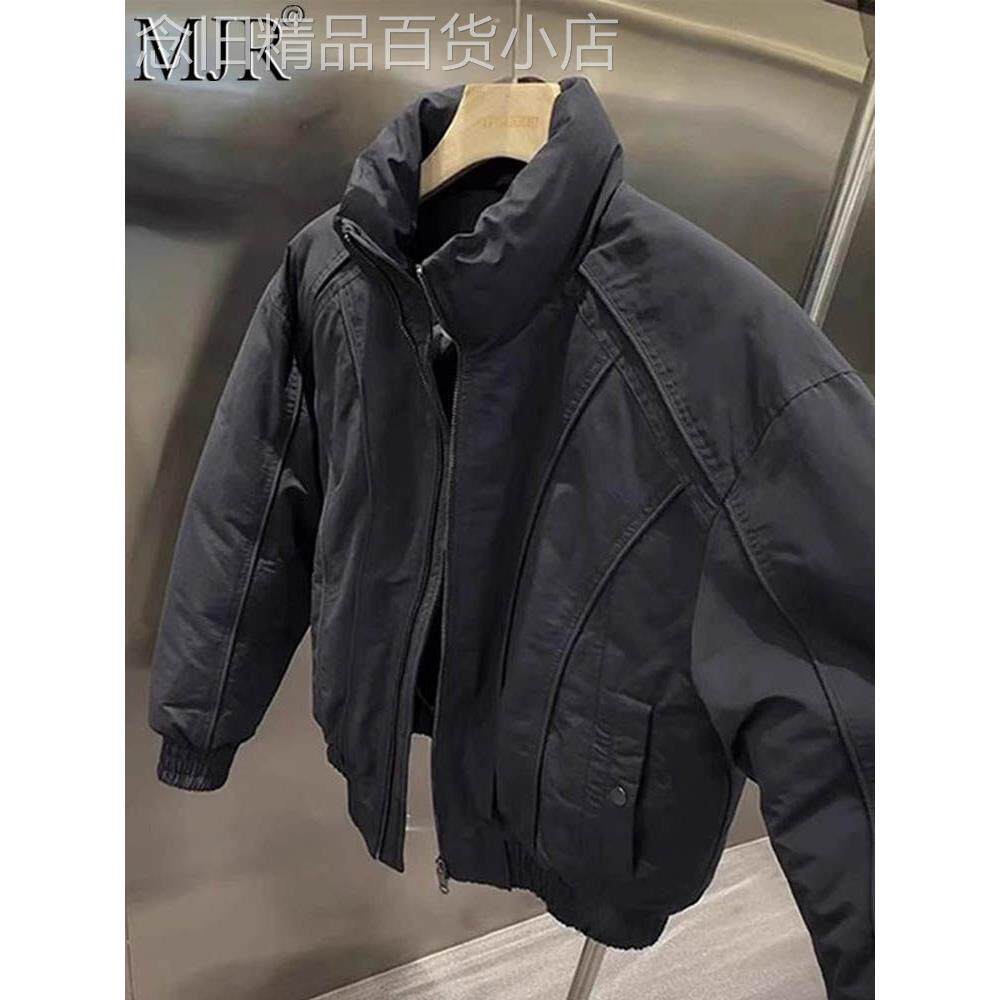 潮牌美式立领廓形短款棉服男款冬季高级感拼接飞行夹克服工装外套
