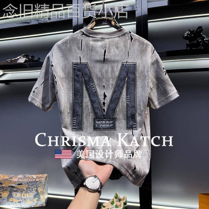 出口美国Chrisma Katch~高端字母烫钻破洞短袖t恤潮牌半袖上衣