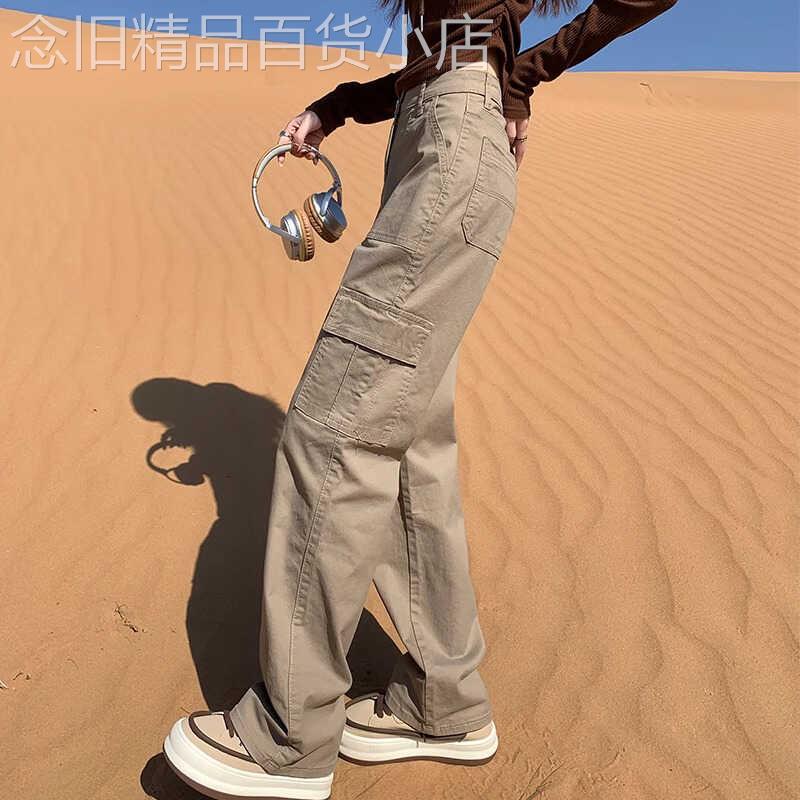 美式卡其色阔腿工装裤女夏季2025新款高腰显瘦运动休闲直筒裤子潮