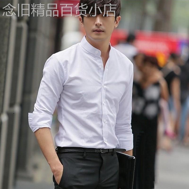 小立领衬衫男长袖圆领衬衫夏季薄款中山装修身商务休闲免熨烫上衣