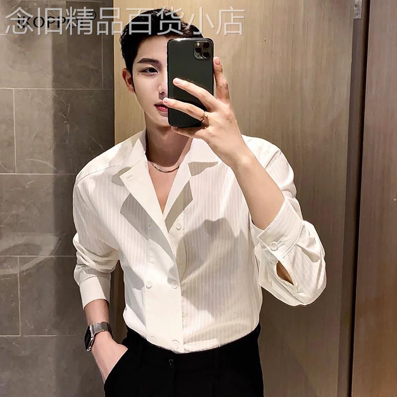 轻奢高级感条纹衬衫男士秋季双排扣小众设计感长袖衬衣雅痞风衣服