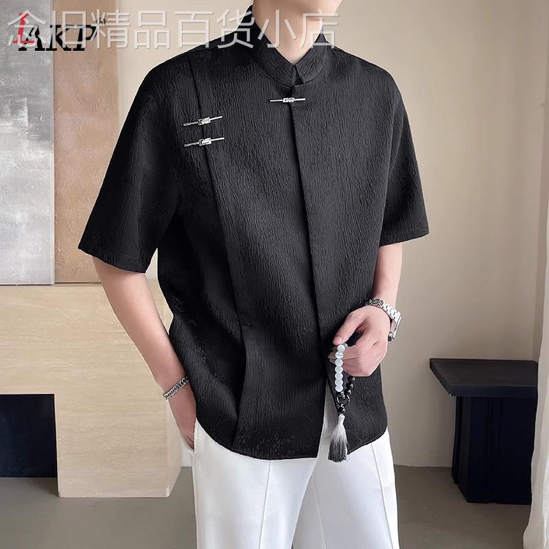 新中式提花短袖衬衫男士2026新款夏季盘扣国风立领唐装衬衫服男款