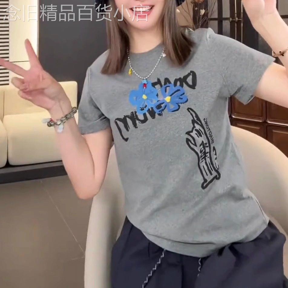 韩系风花朵字母印花短袖T恤女2025夏季新款休闲百搭显瘦圆领上衣