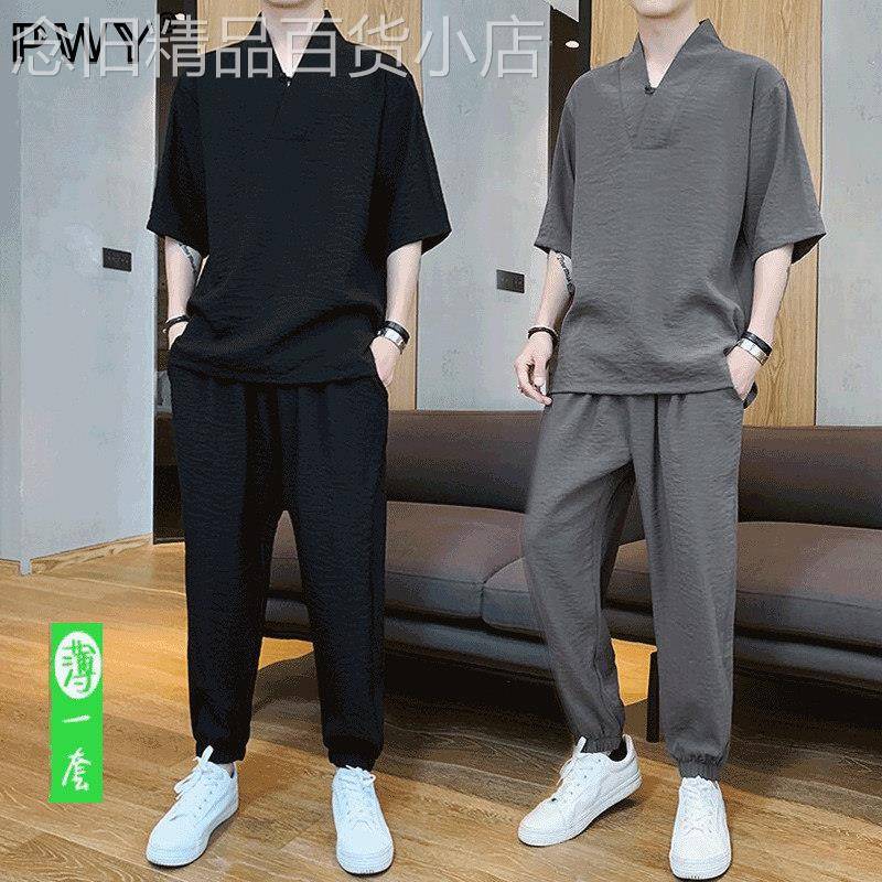 潮牌夏季中国风冰丝棉麻套装男大尺码宽松九分裤轻薄休闲运动两件