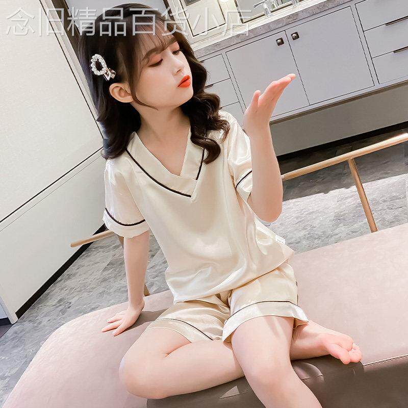 儿童睡衣真丝女童夏季薄款短袖套装中大童家居服冰丝空调服公主风