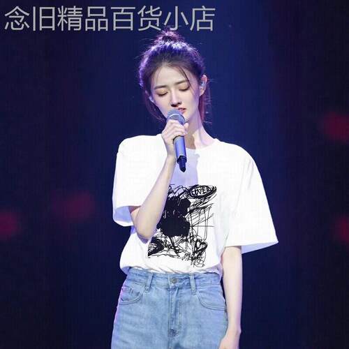 徐璐同款2026新款夏季白色短袖T恤女装宽松涂鸦印花休闲百塔上衣