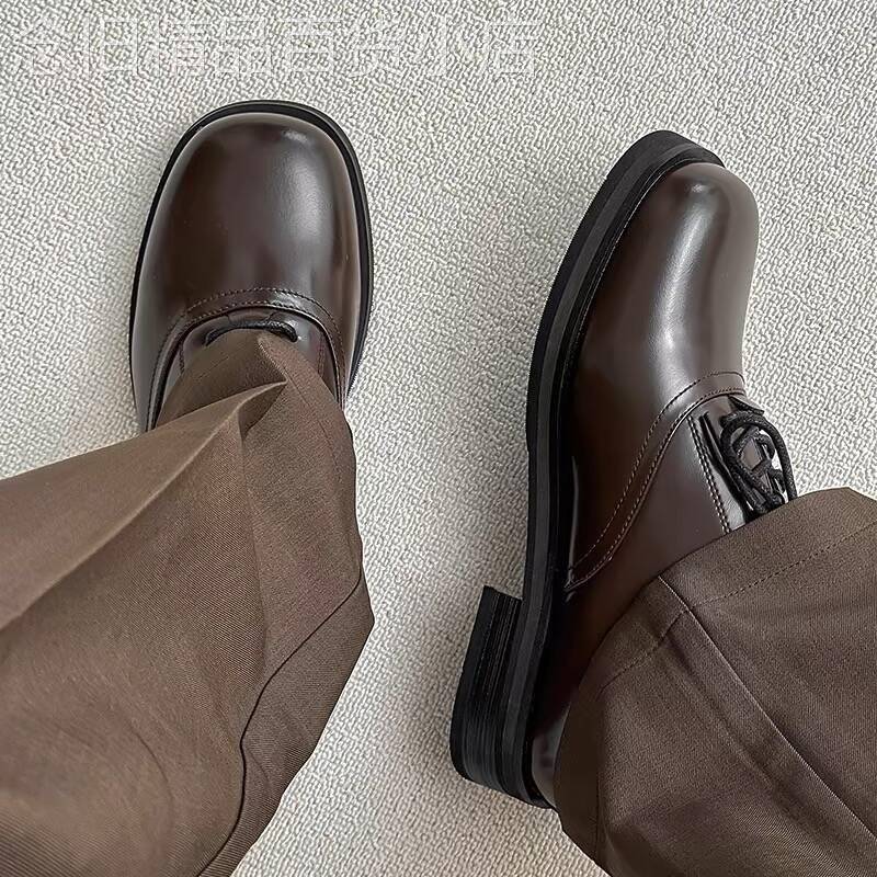 【高品质】棕色皮鞋男款结婚新郎方头情侣圆头乐福鞋休闲德比鞋男