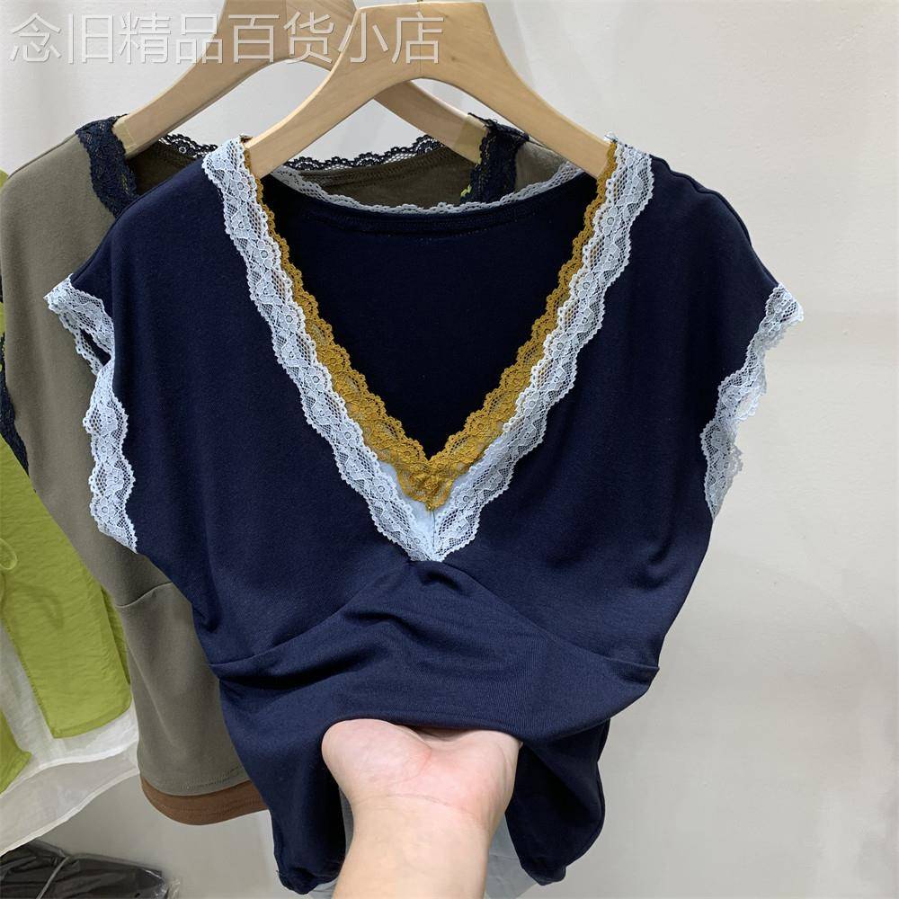 v领t恤夏季女装2026新款重工蕾丝拼接修身显瘦假两件短款无袖上衣